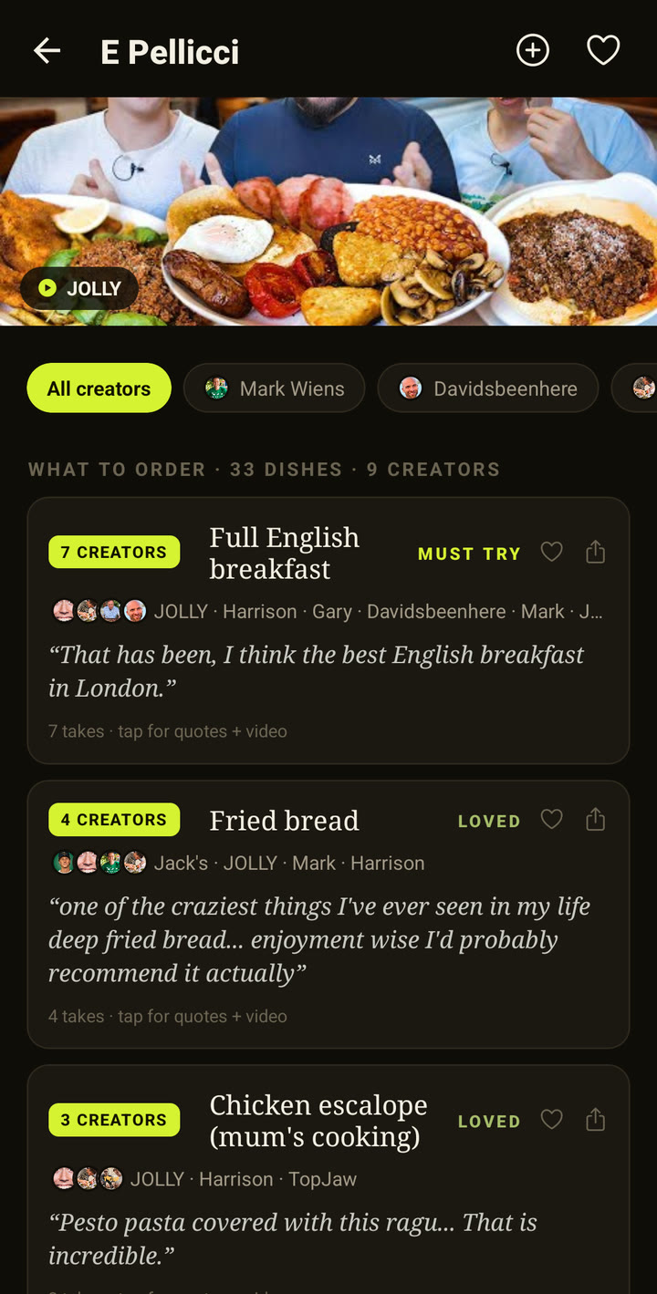 TheyAteHere dish list showing Foodtuber counts and quotes.