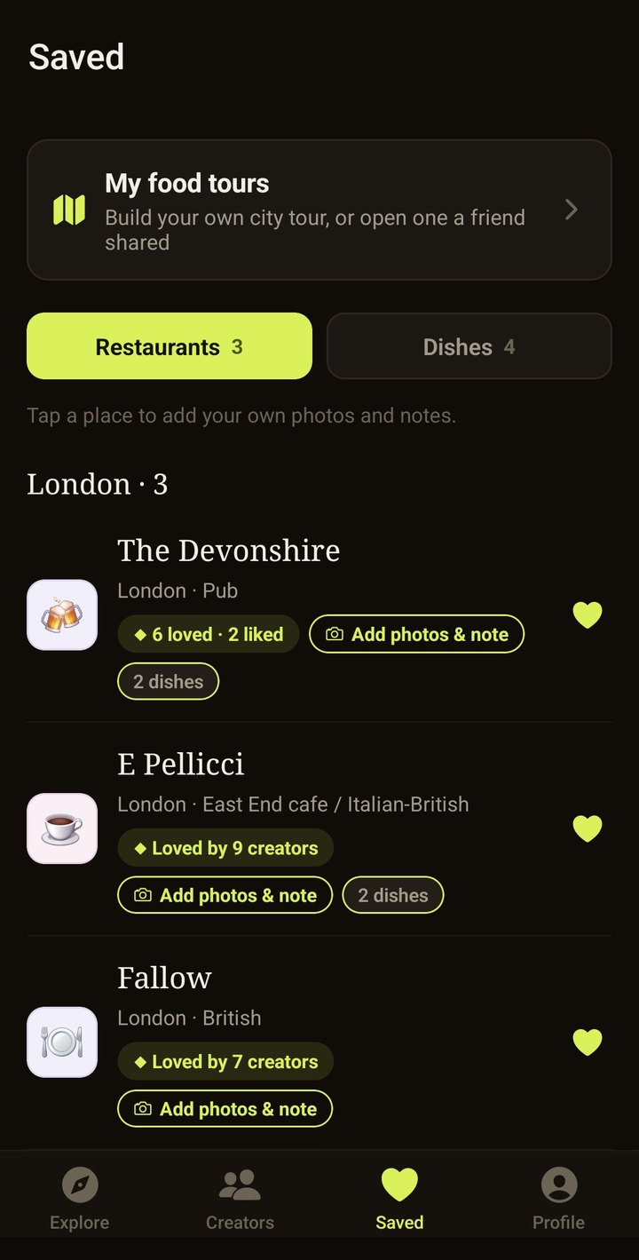 TheyAteHere Saved screen with saved restaurants, dishes and food tours.