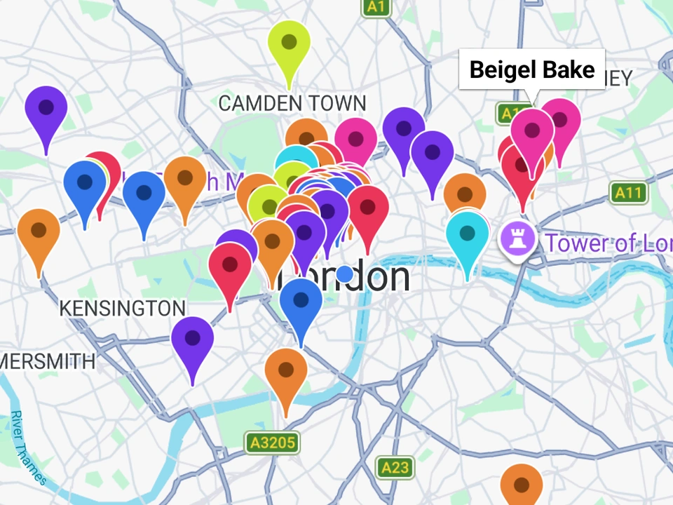 TheyAteHere app map with food stops pinned across London.